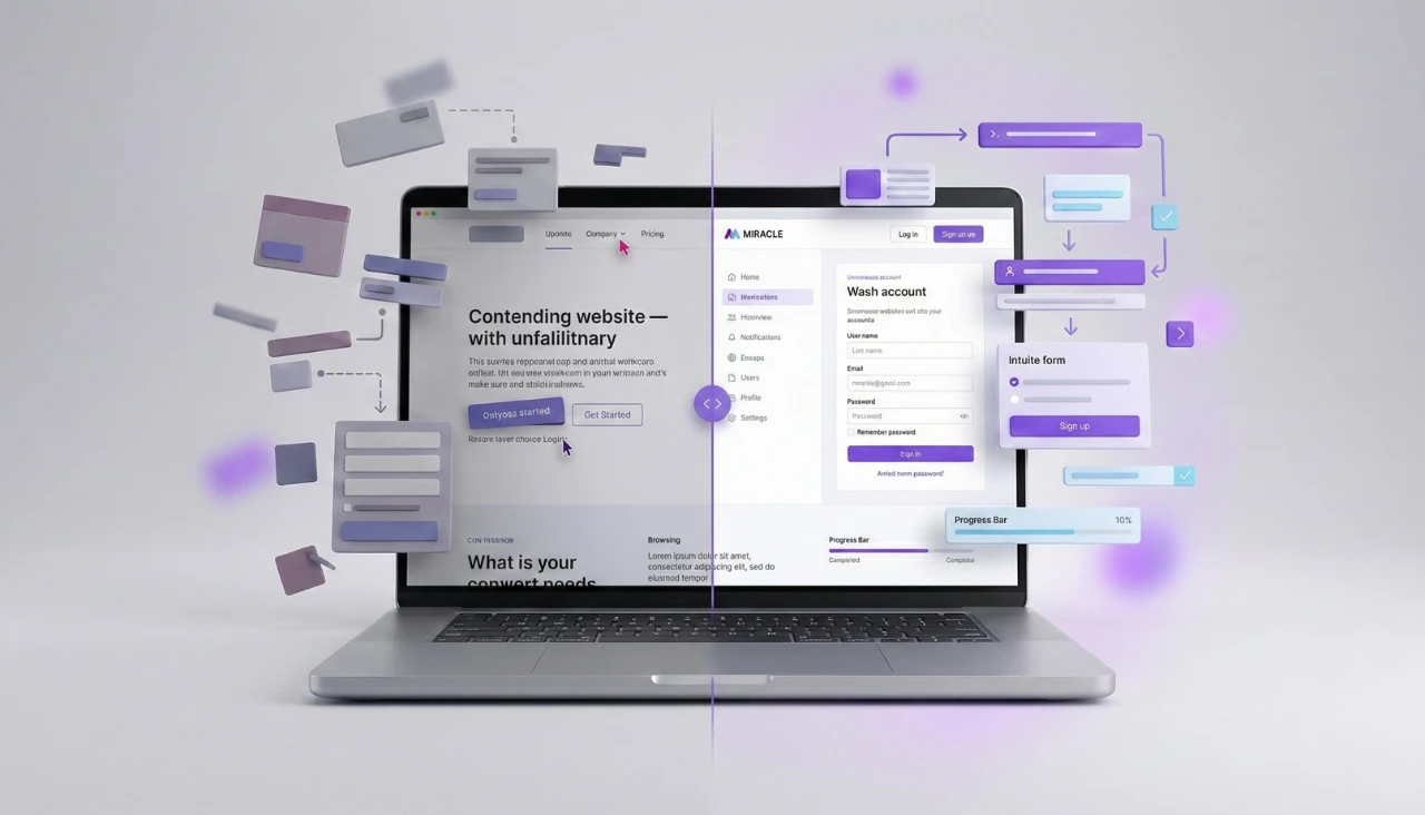 使用者在優化前後的反應,左邊是面對混亂介面而困惑的使用者,右邊是看到數據成長的清晰網站而感到開心的使用者。