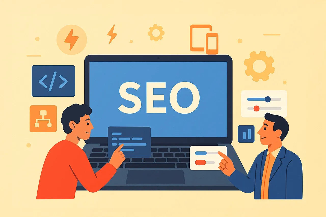 筆記型電腦螢幕展示 SEO 搜尋引擎優化與數據分析圖表,代表持續的 SEO 優化是提升網站能見度的重要關鍵