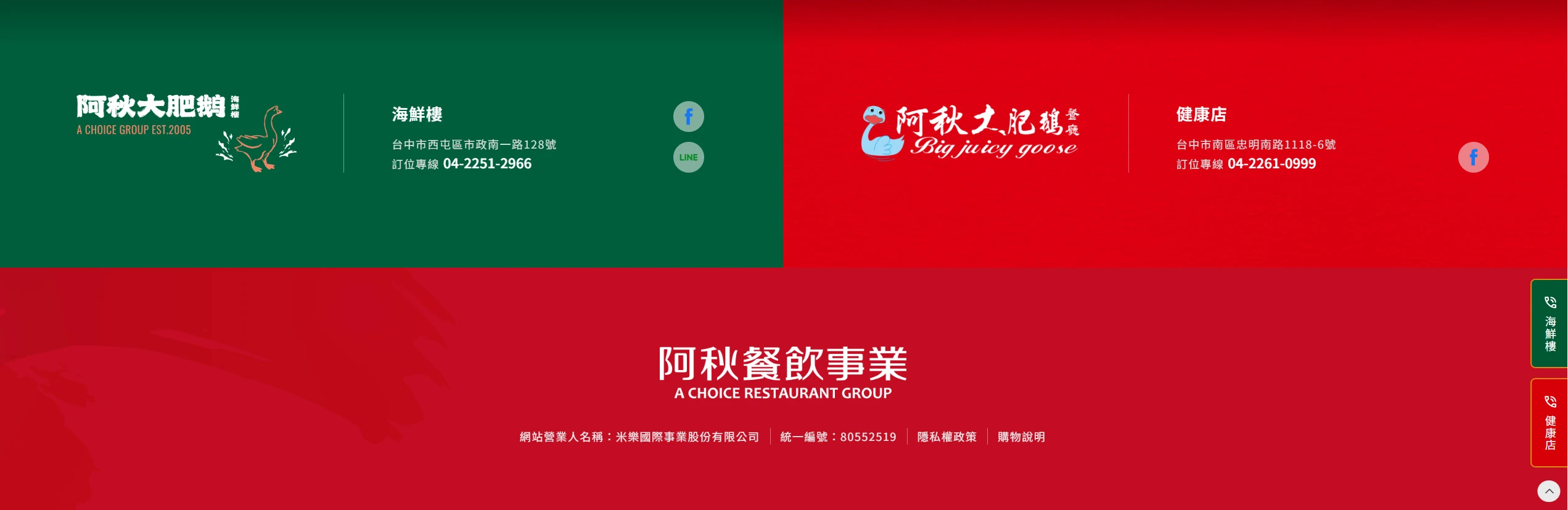 餐廳官網頁尾資訊規劃,提供清晰的聯絡方式與分店據點 餐廳官網頁尾分店資訊