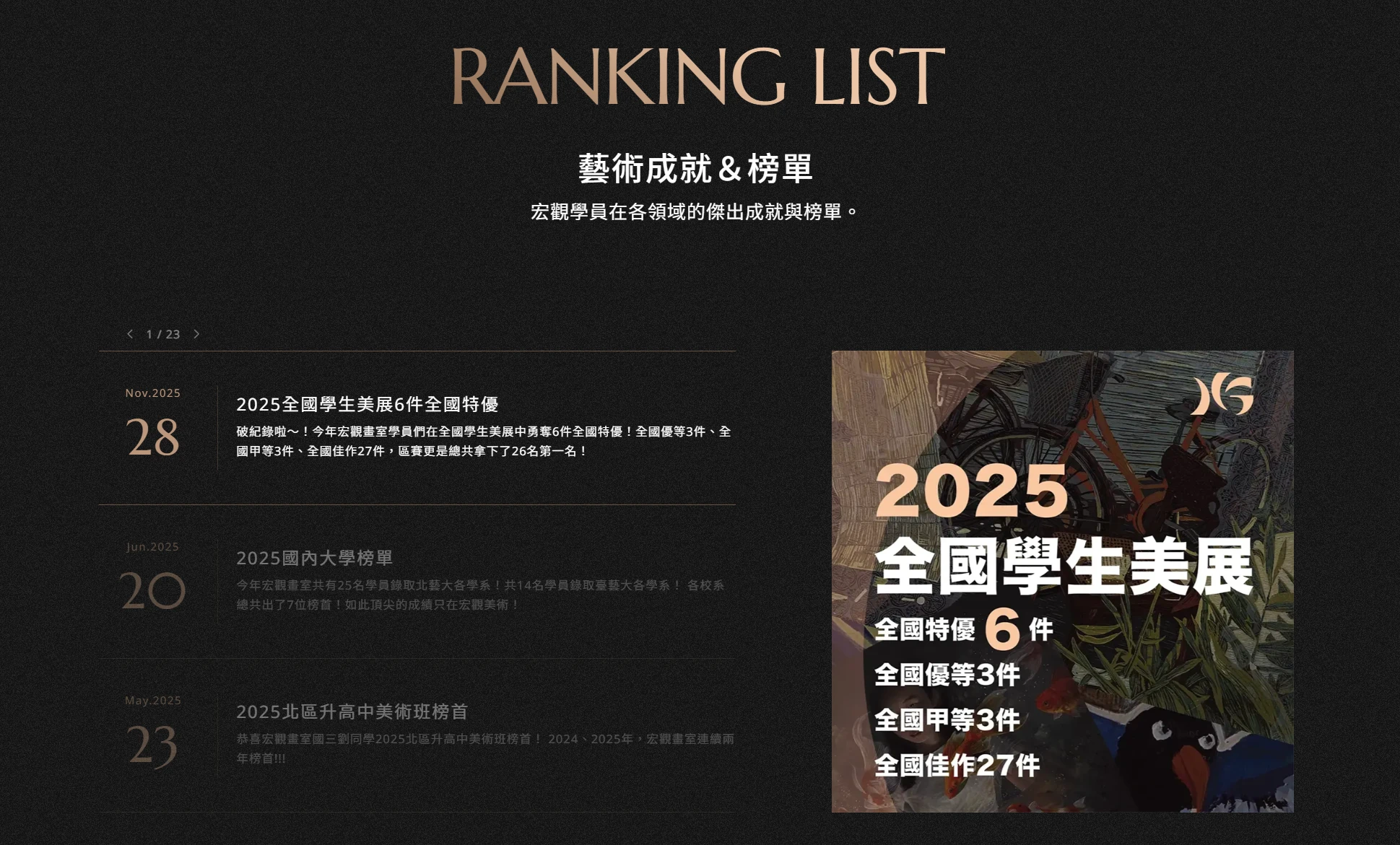宏觀畫室官網藝術成就與榜單區塊,以大圖放大呈現全國學生美展與升學成績 教育機構網站的學生升學榜單規劃設計